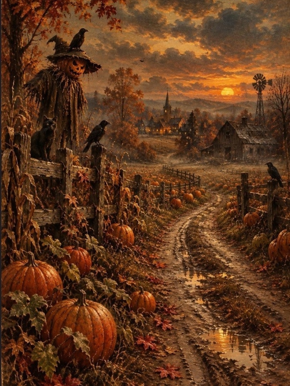 Autumn Pumpkin Field Wall Art - Orange Fall Landscape 8x10